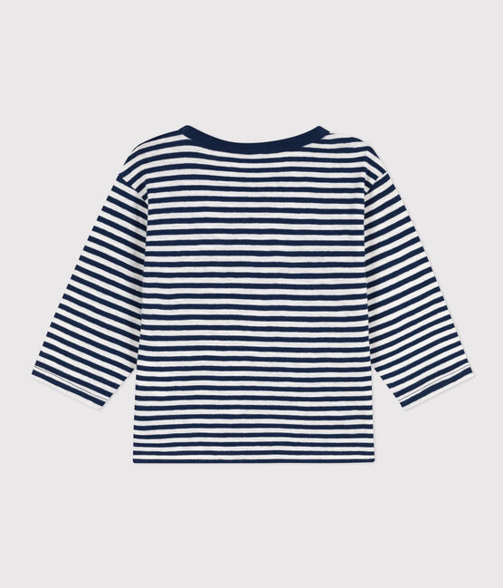 Babies' Stripy Slub Jersey Long-Sleeved T-Shirt MEDIEVAL blue/MARSHMALLOW white