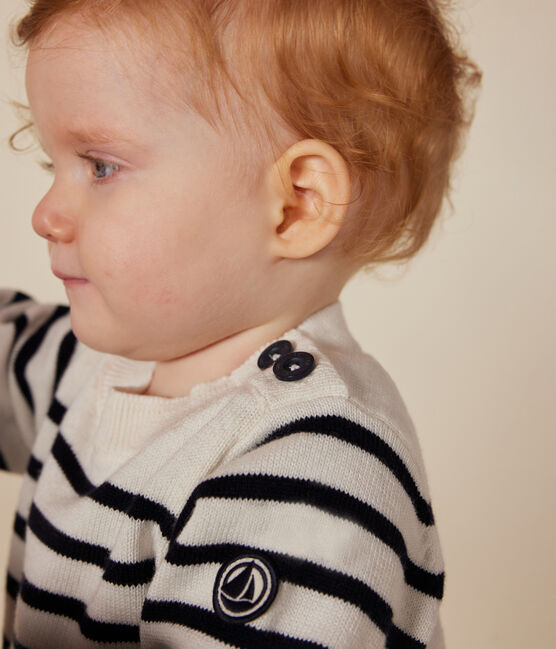 Babies' jumper in a wool and cotton knit MARSHMALLOW white/SMOKING blue
