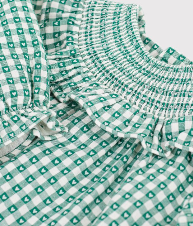 Babies' long-sleeved cotton gingham dress green/white
