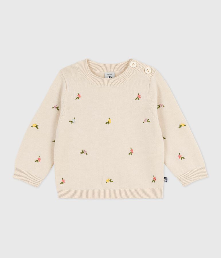 Babies' jumper in wool and cotton with embroidered flowers Ecru/multicolor