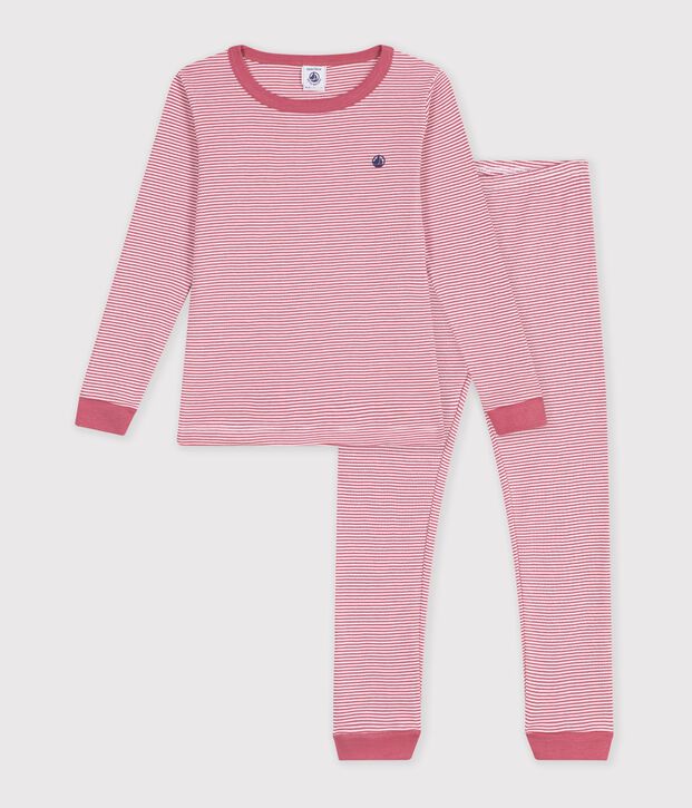 Children's snug-fitting stripy cotton pyjamas pink/white