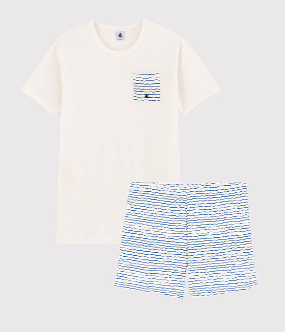 Unisex Blue and White Ribbed Short Pyjamas MARSHMALLOW white/COOL blue