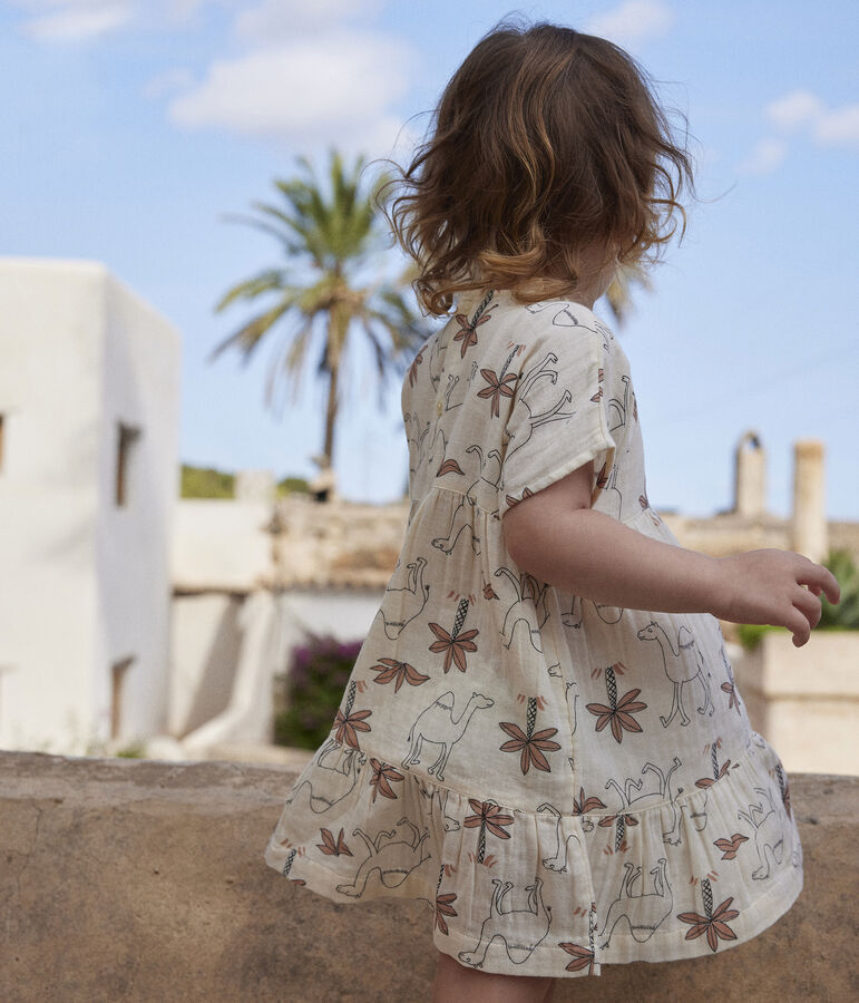 Babies' Short-Sleeved Organic Cotton Gauze Printed Dress Ecru/multicolor