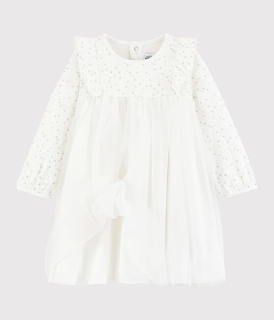 Baby girl's long-sleeved dress MARSHMALLOW white/ARGENT grey