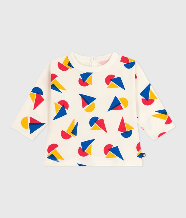 Babies' long-sleeved boat-print cotton T-shirt Ecru/multicolor