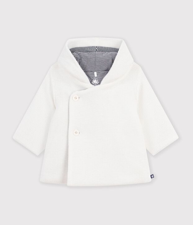 Babies' padded knitted jacket with a pinstripe lining white