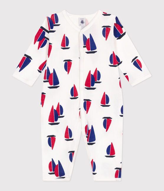 Babies' footless boat pattern cotton pyjamas MARSHMALLOW white/MULTICO white