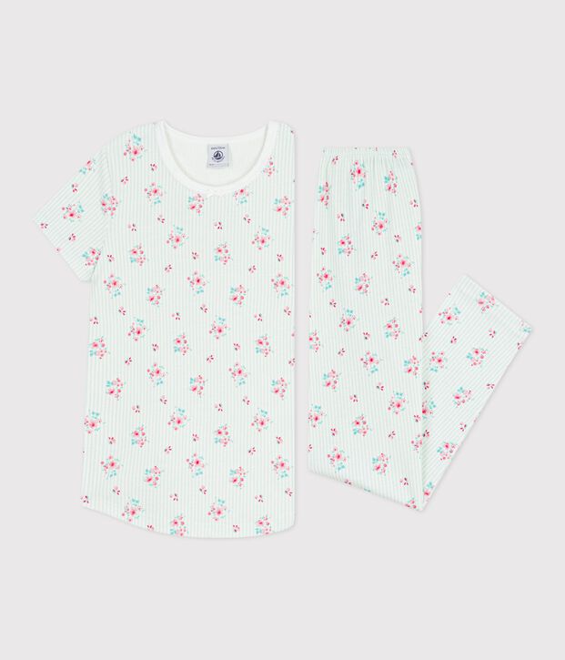 Children's short-sleeved long-leg flower-patterned cotton pyjamas white/multicolor