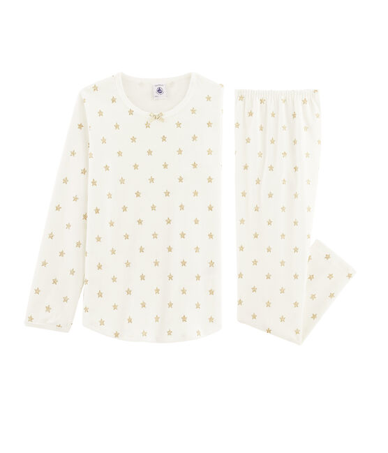 Girls' starry cotton pyjamas MARSHMALLOW white/OR yellow