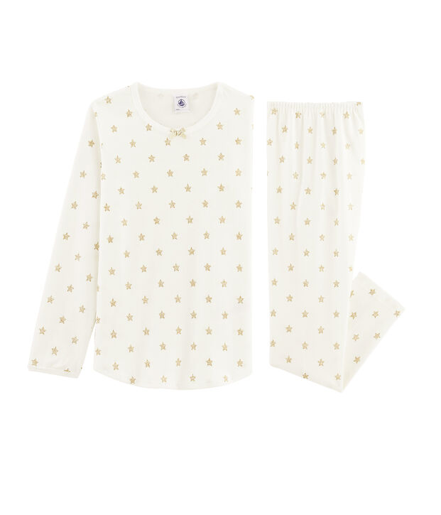 Girls' starry cotton pyjamas white/yellow