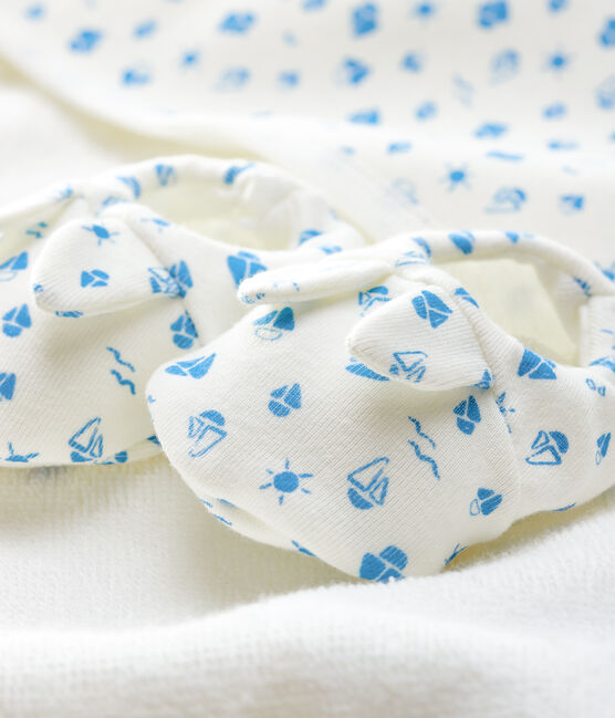 Babies' Square Bath Towel and Bootees Set in Terry and Organic Cotton MARSHMALLOW white/COOL blue