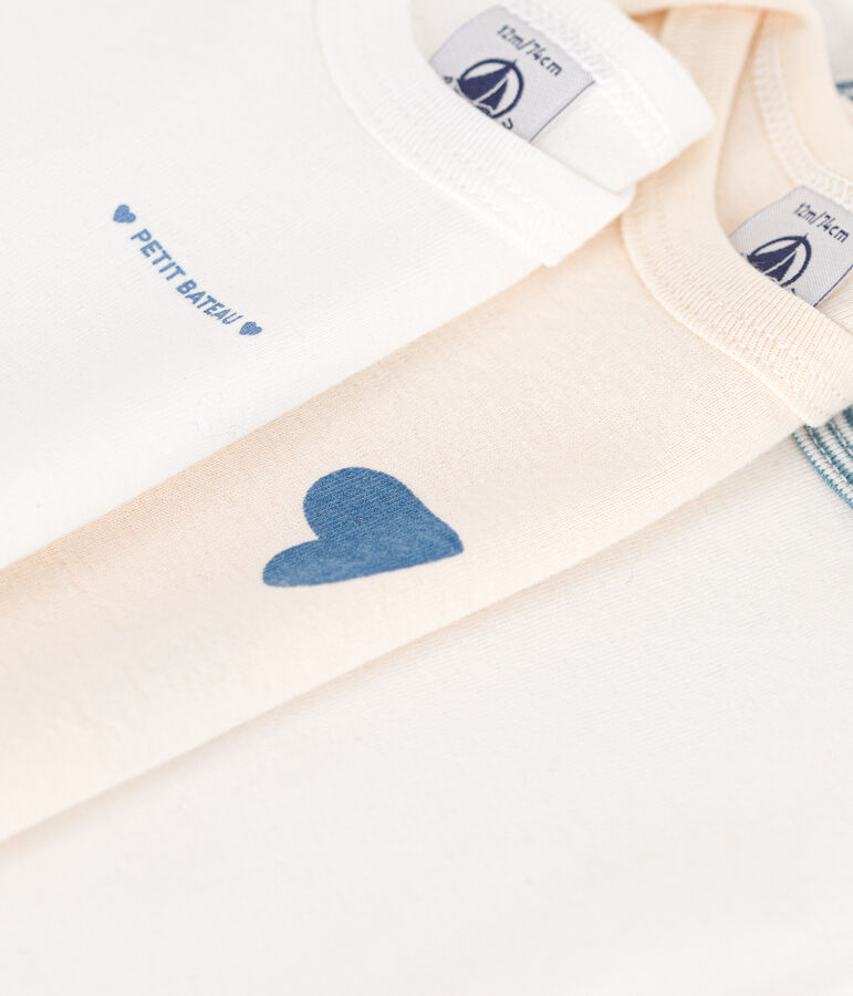 Babies' long-sleeved blue heart-patterned cotton bodysuits - 3-pack multicolor