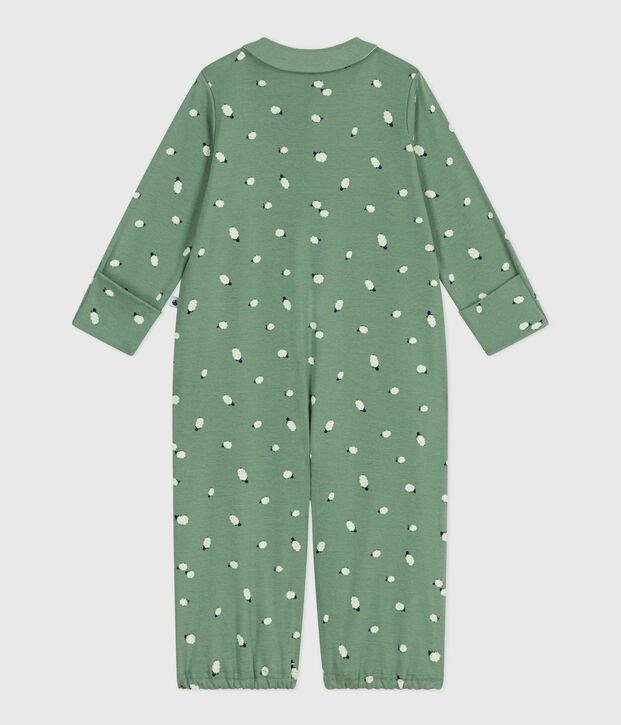 Babies' printed cotton jumpsuit/sleeping bag with a collar green/multicolor