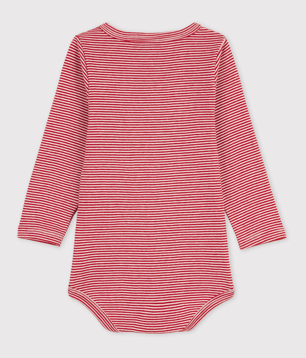 Babies' Stripy Long-Sleeved Cotton Henley Bodysuit red/white