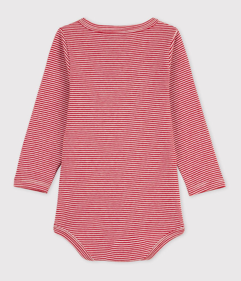 Babies' Stripy Long-Sleeved Cotton Henley Bodysuit red/white
