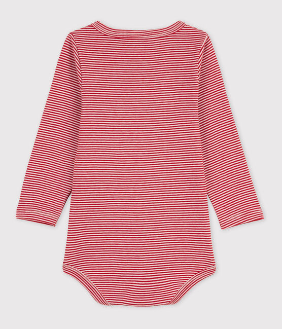 Babies' Stripy Long-Sleeved Cotton Henley Bodysuit STOP /MARSHMALLOW