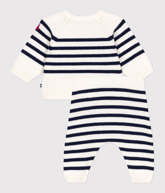 Babies' 2-piece stripy knit Breton top outfit MARSHMALLOW blue/SOIR