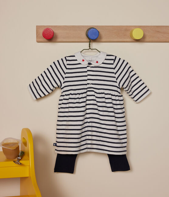 Babies' cotton dress and leggings MARSHMALLOW white/SMOKING blue