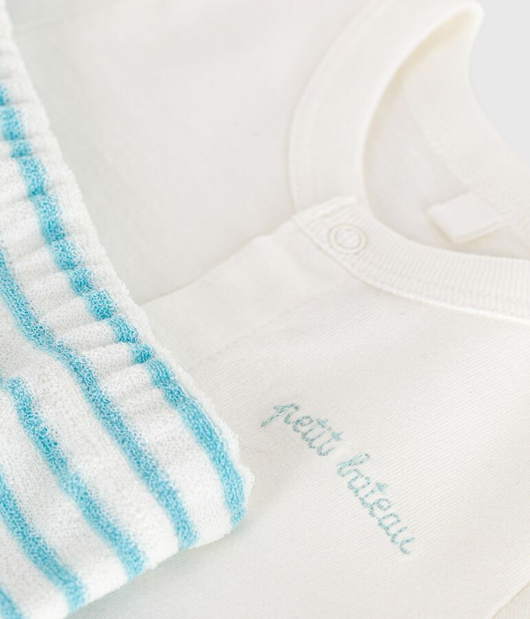 Newborn babies' two-piece cotton set with a stripy bottom half white/blue
