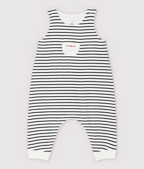 Babies' Stripy Organic Cotton Long Dungarees MARSHMALLOW white/SMOKING blue