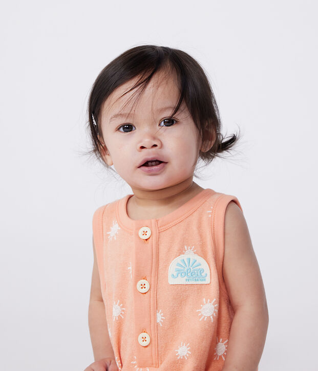 Babies' sleeveless cotton terry playsuit with a sunshine print orange/white