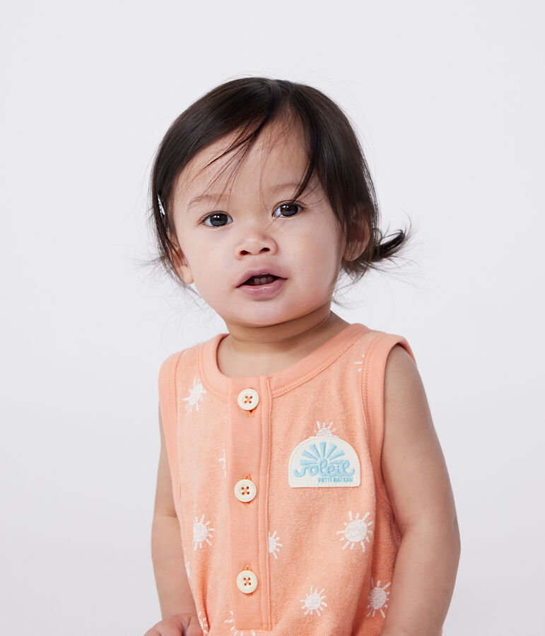 Babies' sleeveless cotton terry playsuit with a sunshine print orange/white