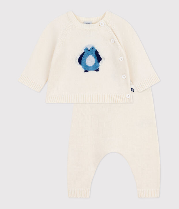 Babies' two-piece knitted outfit with a penguin print white/multicolor
