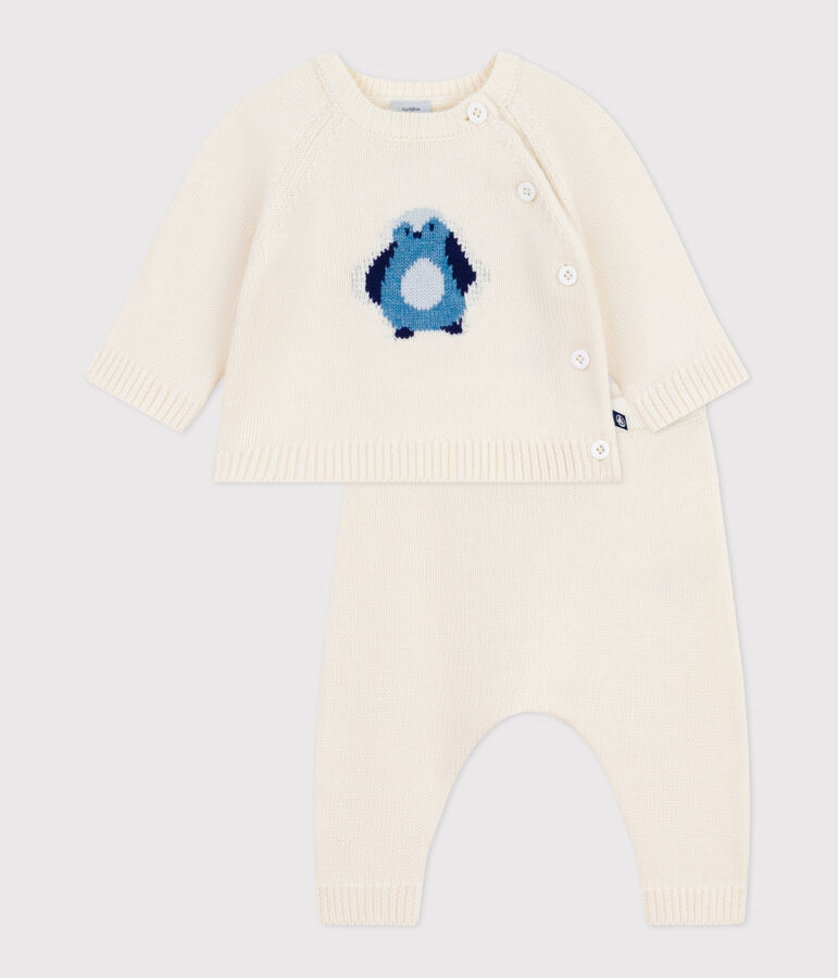 Babies' two-piece knitted outfit with a penguin print white/multicolor