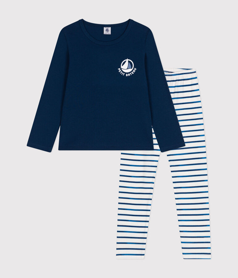 Children's long-sleeved cotton pyjamas white/blue