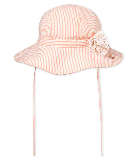 Baby girls' striped hat MARSHMALLOW white/ROSAKO pink