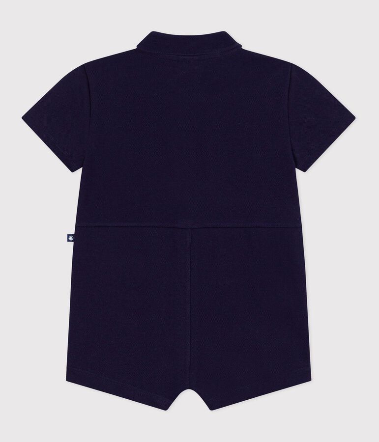 Babies' short plain cotton jumpsuit with a polo collar blue