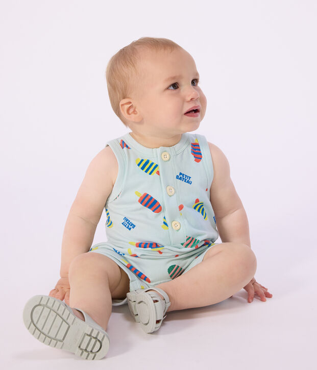 Babies' short cotton playsuit with an ice cream print blue/multicolor