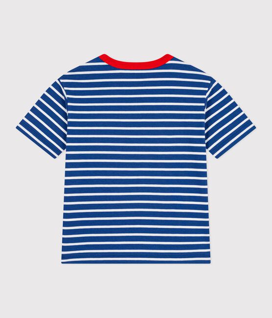 Children's short-sleeved stripy cotton T-shirt CREPUSCULE blue/MARSHMALLOW