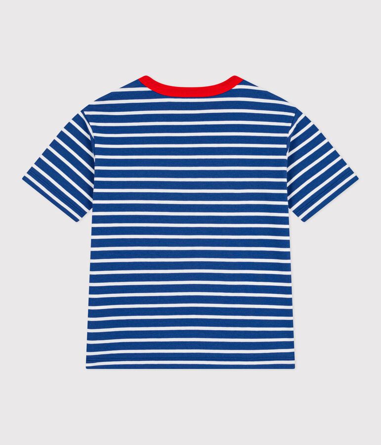 Children's short-sleeved stripy cotton T-shirt blue/white