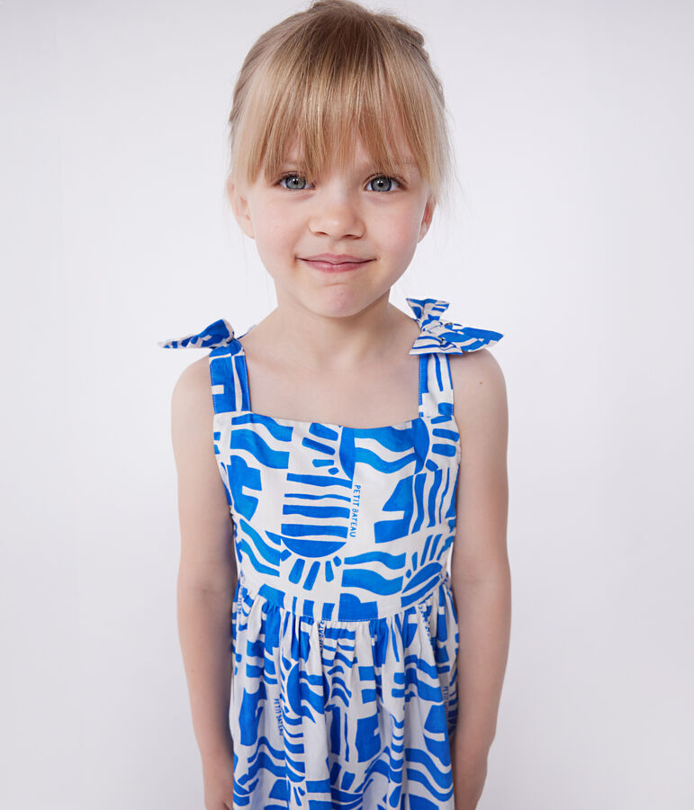 Children's long strappy dress in printed cotton white/blue