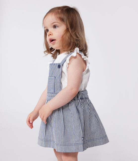 Babies' stripy cotton pinafore dress MEDIEVAL blue/MARSHMALLOW white
