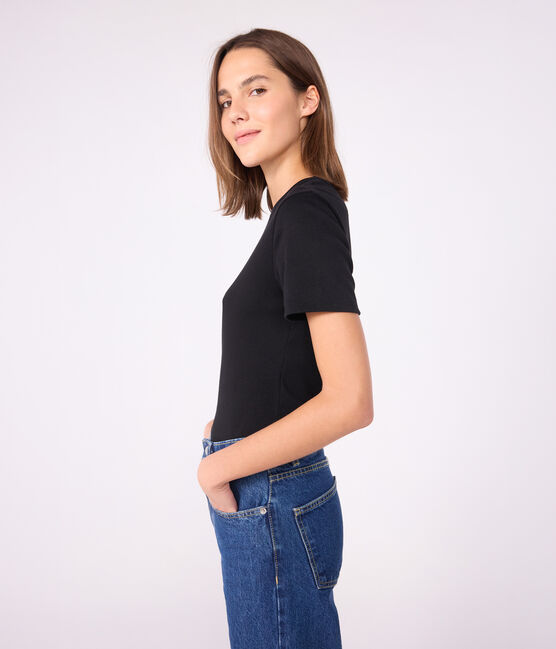 Women's Iconic plain short-sleeved rib knit T-shirt BLACK black