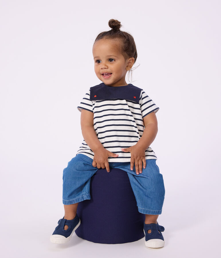 Babies' blouse in Breton stripe cotton with an embroidered collar MARSHMALLOW white/SMOKING blue