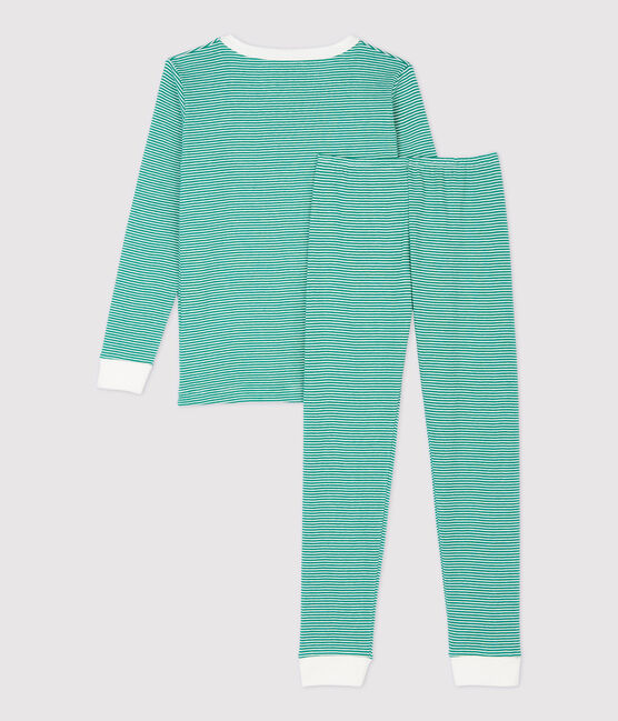 Boys' Snugfit Pinstriped Organic Cotton Pyjamas PIVERT green/MARSHMALLOW white