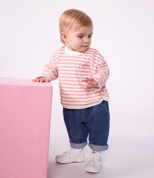 Babies' long-sleeved stripy cotton T-shirt. pink/ecru