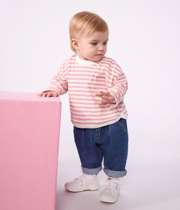 Babies' long-sleeved stripy cotton T-shirt. pink/ecru