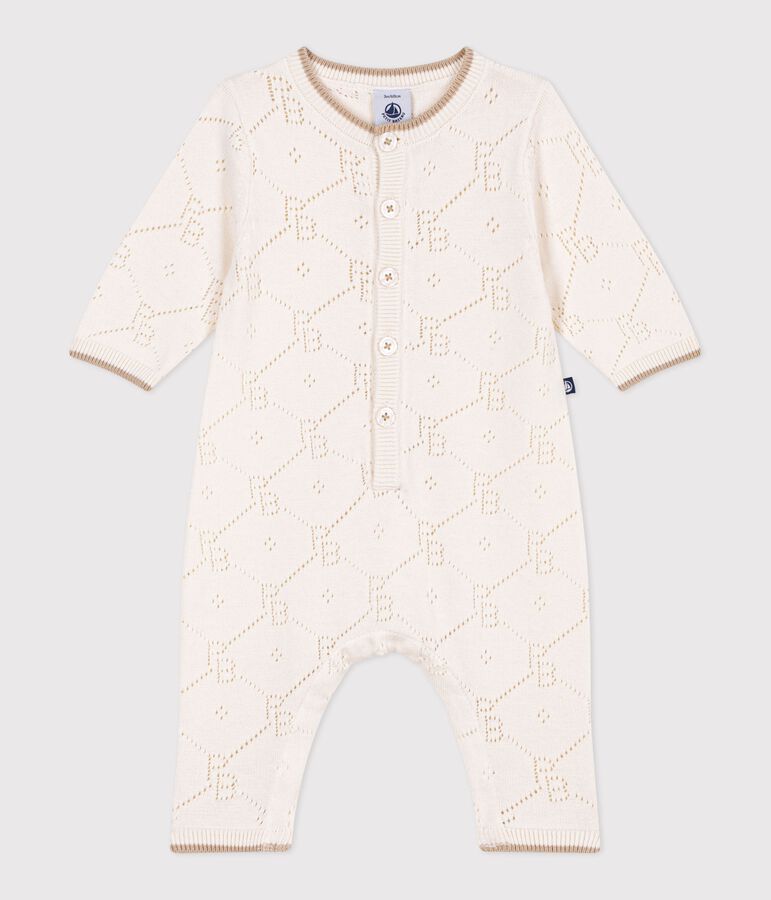 Babies' long openwork knit cotton playsuit Ecru
