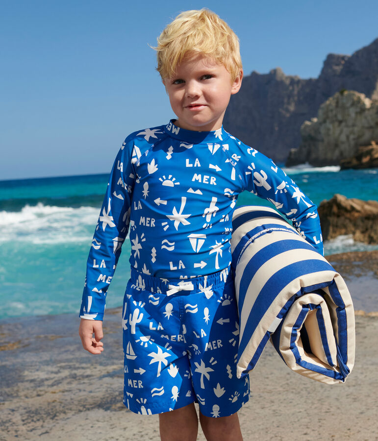 Children's long-sleeved printed anti-UV swim T-shirt blue/white