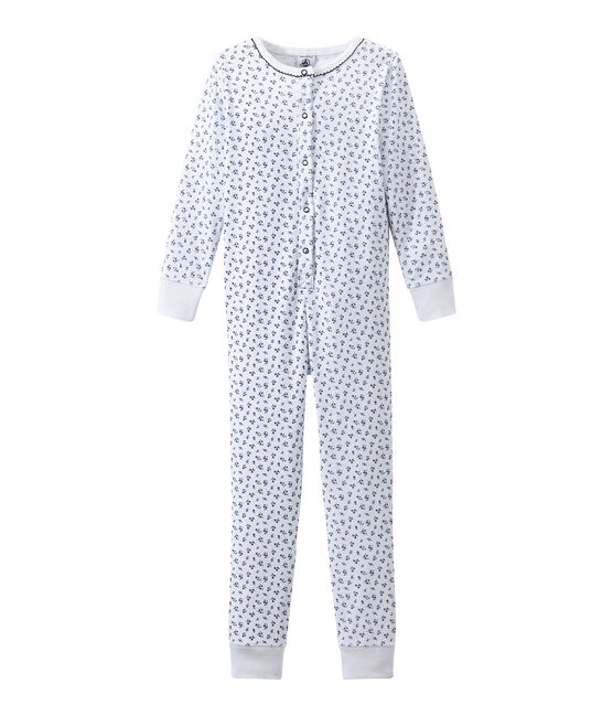 Girl's print jumpsuit pyjamas ECUME white/BLEU blue