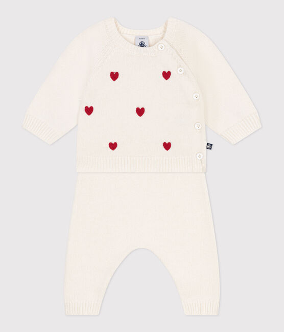 Babies' two-piece knitted outfit with embroidered hearts MARSHMALLOW red/POMPEI