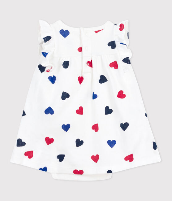 Babies' short-sleeved cotton dress with an integrated triple heart pattern body MARSHMALLOW white/MULTICO white