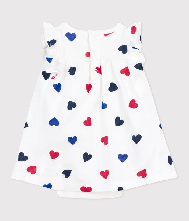 Babies' short-sleeved cotton dress with an integrated triple heart pattern body white/multicolor
