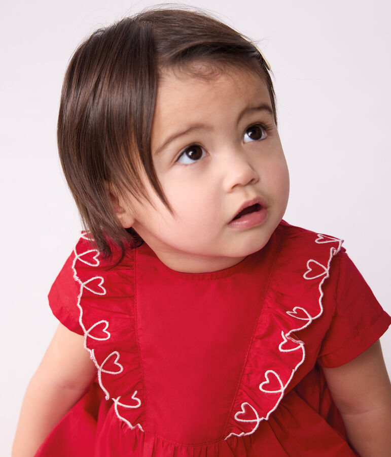 Babies' short-sleeved plain cotton dress with matching bloomers red