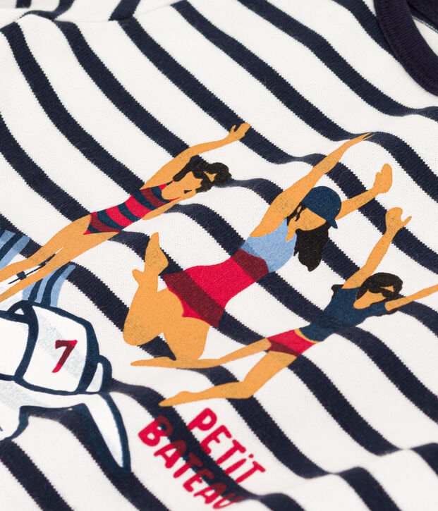 Girls' Thick Cotton Screen-Printed Breton Top white/blue