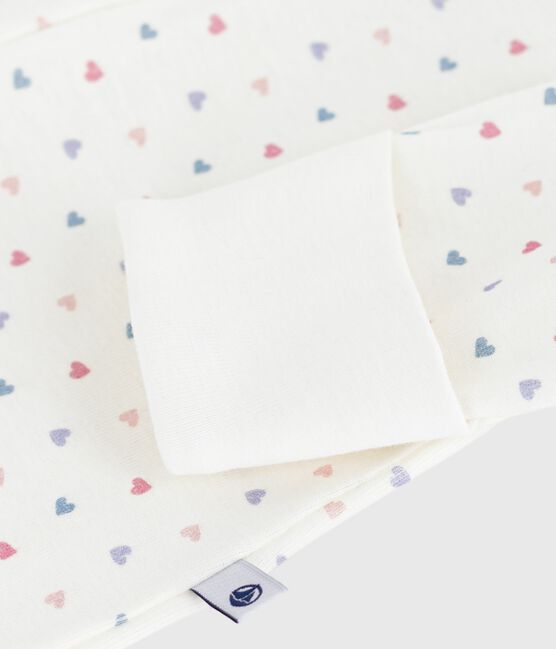 Babies' heart-print cotton pyjama suit with a collar MARSHMALLOW white/MULTICO white